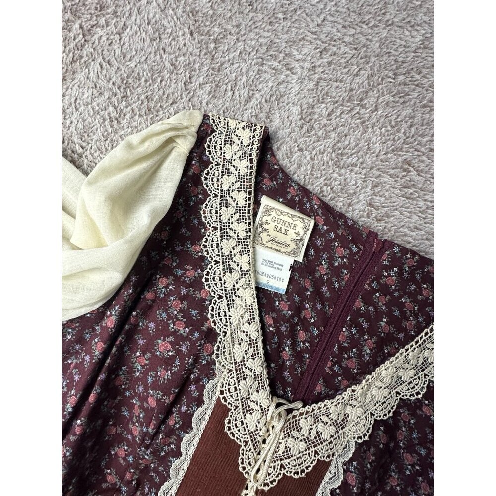 Gunne Sax by Jessica RARE 1970s Vintage Dress Burgundy Calico Midi Dress Size 9 - Picture 13 of 16